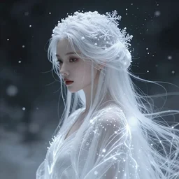 a beautiful white sorceress with snowflakes on her hair, snow particles, bokeh, glowing light orbs, intricate concept art, elegant, smooth, illuminated lines, outrun, vaporware, dark background, cyberpunk darksynth, ethereal, ominous, misty, 8 k, rendered in octane, by ruan jia and jeremy mann