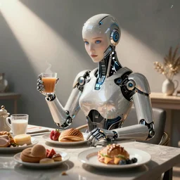 a beautiful cyborg made of breakfast