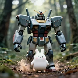 a 3 5 mm photo from the front of a giant mecha armored war delorean robot as chubby cute rabbit gundam walking in the woods, splash art, movie still, bokeh, canon 5 0 mm, cinematic lighting, dramatic, film, photography, depth of field, award - winning, backlighting, overcast, 8 k, hyper detailed, 3 5 mm film grain