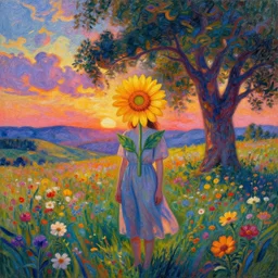 girl with a scaled up flower instead of face, surreal photography, dream, standing in flower field, hills, big trees, sunrise dramatic light, impressionist painting, colorful clouds, digital painting, pointillism, artstation, simon stalenhag, flower face