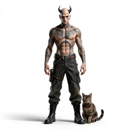 tattooed evil genius with cat, high detail digital art, full body, standing, isolated on a pure white background, centered, whole figure in frame, sharp focus, studio lighting