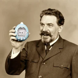 Old photograph of Stalin excitedly holding up a Tamagotchi