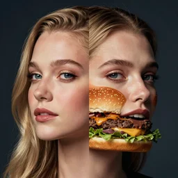 studio portrait photo of genetic hybrid face of miley cyrus and a hamburger