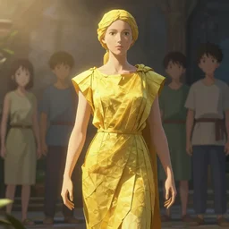 possessed woman wearing an ancient greek tunic made of yellow paper, stephen bliss, unreal engine, fantasy art by greg rutkowski, rhads, ferdinand knab, makoto shinkai and lois van baarle, ilya kuvshinov, rossdraws, tom bagshaw, global illumination, radiant light