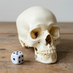 a human skull that is also a 6-sided die, on a worn wooden table