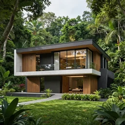 modern house, surrounded by a lush jungle, hyper realistic, photo real, HD