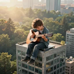 a little sad boy with a guitar in his hands sits on a platform of a high skyscraper in the forest, in style of guwev iz and wlop