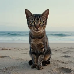 the strange cat creature on the beach, it looks me in the eye, film still from the movie directed by denis villeneuve and david cronenberg with art direction by salvador dali, wide lens
