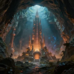discovery of a new advanced civilization in a cyberpunk cave with minimal lighting in the style of thomas cole, cinematic lighting, raytracing, 8 k, octane render, volumetric, vivid, beautiful, hyperrealism