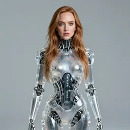 beautiful centered Fine art photo portrait of young Lindsay Lohan as a solarpunk robotic humanoid, crystal mechanical parts with led lights, photorealistic, white background, highly detailed and intricate, natural lighting, HDR 8k