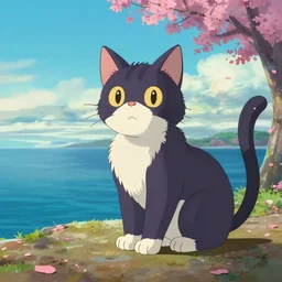 a wholesome animation key shot of a cat by the ocean, studio ghibli, pixar and disney animation, sharp, clear sky, rendered in unreal engine 5, anime key art by greg rutkowski, bloom, dramatic lighting