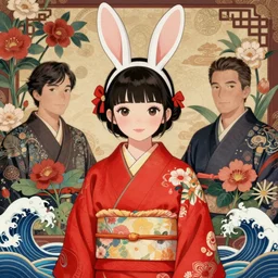 tamura yoshiyasu and callarin and kunatata and james jean, a beautiful illustration, cute girl in red kimono, perfect features, rabbit ears, room with flowers + plants + waves + oriental pattern elements, illustration, rich colors, sharp edges, noise reduction, fine work, 8 k, hd, unreal engine