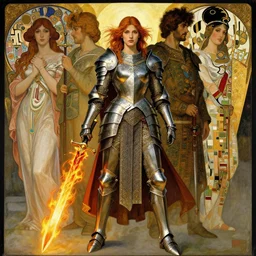 quarter length portrait of a armored female valkyrie with a flaming sword, d & d, fantasy, luis royo, magali villeneuve, donato giancola, wlop, krenz cushart, hans zatka, klimt, alphonse mucha