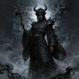 character design oriental mysterious dark mage devil underworld black smoke atmospherical octane rendering highly detailed volumetric lighting