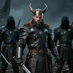 Viking warrior versus hackers, detailed, dramatic lighting.