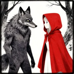 werewolf and red riding hood are looking for something, Milo Manara style