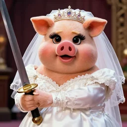 Miss Piggy as the Bride in Kill Bill, holding sword, photo, ultra detailed, 4k