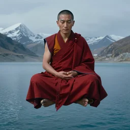a close - up abstract portrait of a tibetan monk in lotus position flying over himalaya mountains lake in weightlessness in liquid traditional red cloth, small foggy and blue gloomy, highly detailed, photorealistic, abstract science fiction paint by salvador dali, jeremy geddes