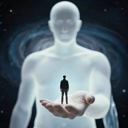 film still of a light form of human giant holding a tiny man in front of him in his hand, a blured universe from'lost in space ( 2 0 1 8 )'on background, frontal view,'worm view ', long shot width 5 1 2 - - height 7 6 8 - - steps 4 - - cfg _ scale 5