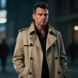 hyperrealistic noir transcendental rick astley wearing iconic beige trench coat, bladerunner, low light, rtx on, cgi, unreal engine 5, aperture 1. 2, bokeh