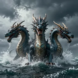 a dragon with three heads emerging from the ocean during a storm, dramatic lighting, cinematic, high coherence, hyperrealistic, anatomically correct, path traced, highly detailed, high quality, 8 k hdr, octane render, unreal engine 5, trending on artstation, epic image, turbulent sea, concept art, digital art