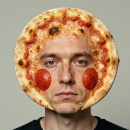 portrait of man with facial de formity making the head a flat and circular disc, looking like a pizza, uneven skin with baked crust appearance, large freckles like burnt spots, cheeks look like tomato slices, muted colors, soft lighting, sharp focus, neut ral background, masterpiece, photo by jimmy nelson, giger, cindy sherman