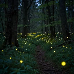 fireflies in a forest inspired by Evgeny Lushpin,flower meadow,spring,cinematic,trending on ArtStation