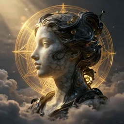 epic illustration, abstract sculpture of beautiful female face silhouette and black swirling liquifying acrylic portrait, fluffy clouds, mechanical superstructure, sacred geometry, glowing edges, golden hour, beautiful light, sculpture of carving marble, dark colors, dark mood, one point light, golden spirals, clockwork, epic matte painting, concept art, bokeh, digital painting, female upoerbody