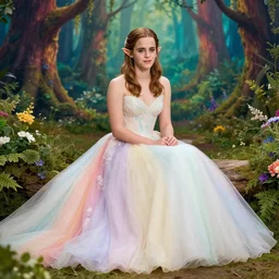 emma watson as an elf wearing a long rainbow wedding gown sitting in a colorful forest