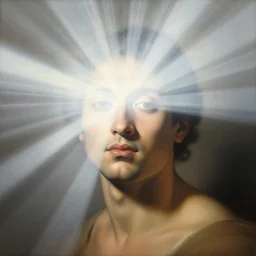 painting portrait of a person with a bright light beam emanating rays of light and totally covering their head, matte painting, masterpiece, by Caravaggio