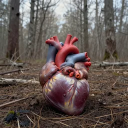 photograph of a real human heart sitting on the ground in a forest of dead trees