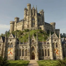 medieval gothic city with castle on top of the hill, grass, symetrical, very detailed, beautiful, intricate, cinematic, artstation, william bouguereau, alphonse mucha, greg rutkowski, highly detailed 4 k art, sharp focus, smooth, hd