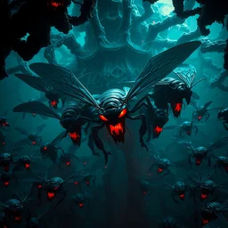 a terrifying artwork of a satanic aggressive swarm of monster hornets, in an intricate hive with fractal structures, darkness, cosmic horror, hazy, volumetric lighting, very detailed, washed out colors, photorealistic, master level composition, raytracing