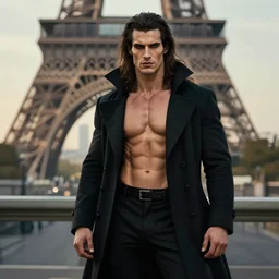 portrait painting of the vampire lestat in paris, muscular male, long hair! long coat, elegant rugged handsome unreal render cinematic lighting art 1 8 9 0 period drama by bussiere rutkowski andreas rocha