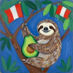 a Matisse painting of a smiley sloth hugging an avocado, climbing a Lúcuma tree, waving the Peruvian flag