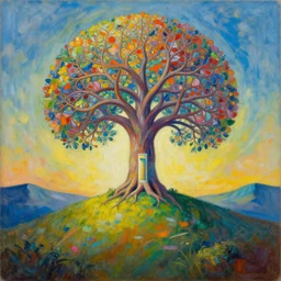 a beautiful painting of a portal to infinite creativity tree of life on a hill, abstract landscape, 8 k, photorealism, hyper detailed