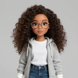 A beautiful, gorgeous, stunning Woman with #E0A37A Skin color, South East Asian with round face, cat face, long, Puffy, Afro hair, Small Square Glasses, grey hoodie opened, white T-Shirt, White gloves, Denim Jeans, Character art, button eyes