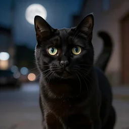 the most beautiful black cat ever seen with big eyes in the middle of the street at mid night with the moon in the sky. Photo taken by Amber Bracken. Award winning. Unreal 5. Realistic. Highly detailed. Artstation. Professional photographer.
