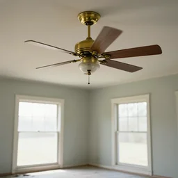 brass ceiling fan hanging in abandoned suburban room, photorealistic