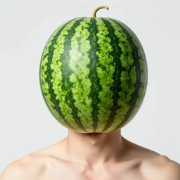 photo still of a man with a watermelon for a head, 8 k, studio lighting bright ambient lighting key light, 8 5 mm f 1. 8