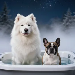 a samoyed and a french bulldog sitting in a hottub, highly detailed, sharp focus, trending on art station, fog and starry skies