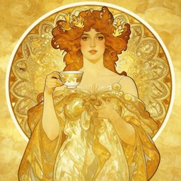 beautiful goddess holding tea cup with golden glow background, drawing, alphonse mucha, wlop, jeremy lipkin, beeple, intricate golden fractals, symmetrical front, by amy leibowitz, wlop, jeremy lipkin, beeple, intricate, artgerm, ilya kuvshinov, golden clouds background