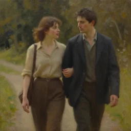 oil painting, lovers leaving together, cinematic lighting, wow, establishing shot
