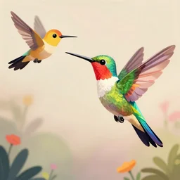 frantic hummingbird phoenix zipping around, wanting to explore and investigate everything. it\'s curiosity is unbounded and unsatiable, digital art, trending on artstation, cartoon, stylized, rainbow feathers