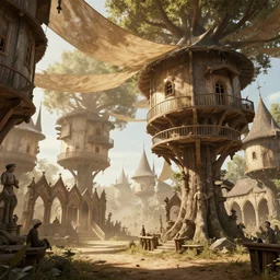 post - medieval village of treehouses, silk tarps hanging, dry archways and spires, large pillars, choir, light dust, by peter mohrbacher dan mumford craig mullins nekro, cgsociety, pixiv, volumetric light, 3 d render