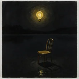 painting black water lake, single chair under a lightbulb, artstation, surreal, black void, claustrophobic, masterpiece by rembrandt, chiaroscuro, golden black, extreme shading