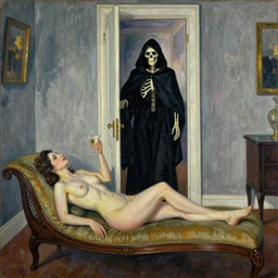 egon schiele painting style room with a door. elegant 1940s diva sensually laying on a chaise longue having a martini in a hand. human skeleton wearing a hooded cape and black robe enters the room through the door