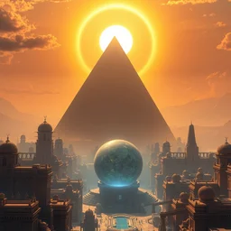 futuristic egyptian solarpunk city with temples with a giant pyramid and giant sphere with a bright sun with crepuscular rays highly detailed digital visionary art