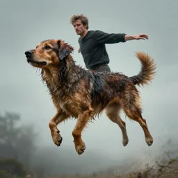 a glorious photograph of a man teleporting into a wet dog. they have coalesced into an awful chimeric creature