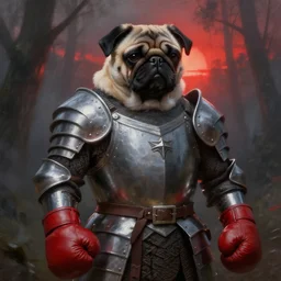 artstation very detailed realistic dramatic shaded oil painting by frazetta , backlight oversized anthropomorphic pug with boxing gloves is wearing medieval armor , moody forest foggy background and red sunset backlight